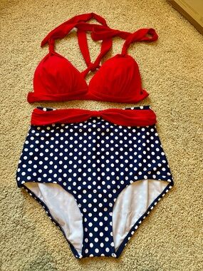 Retro High Waisted Bikini Swimsuit 2 Piece Bathing Suit Halter NEW
